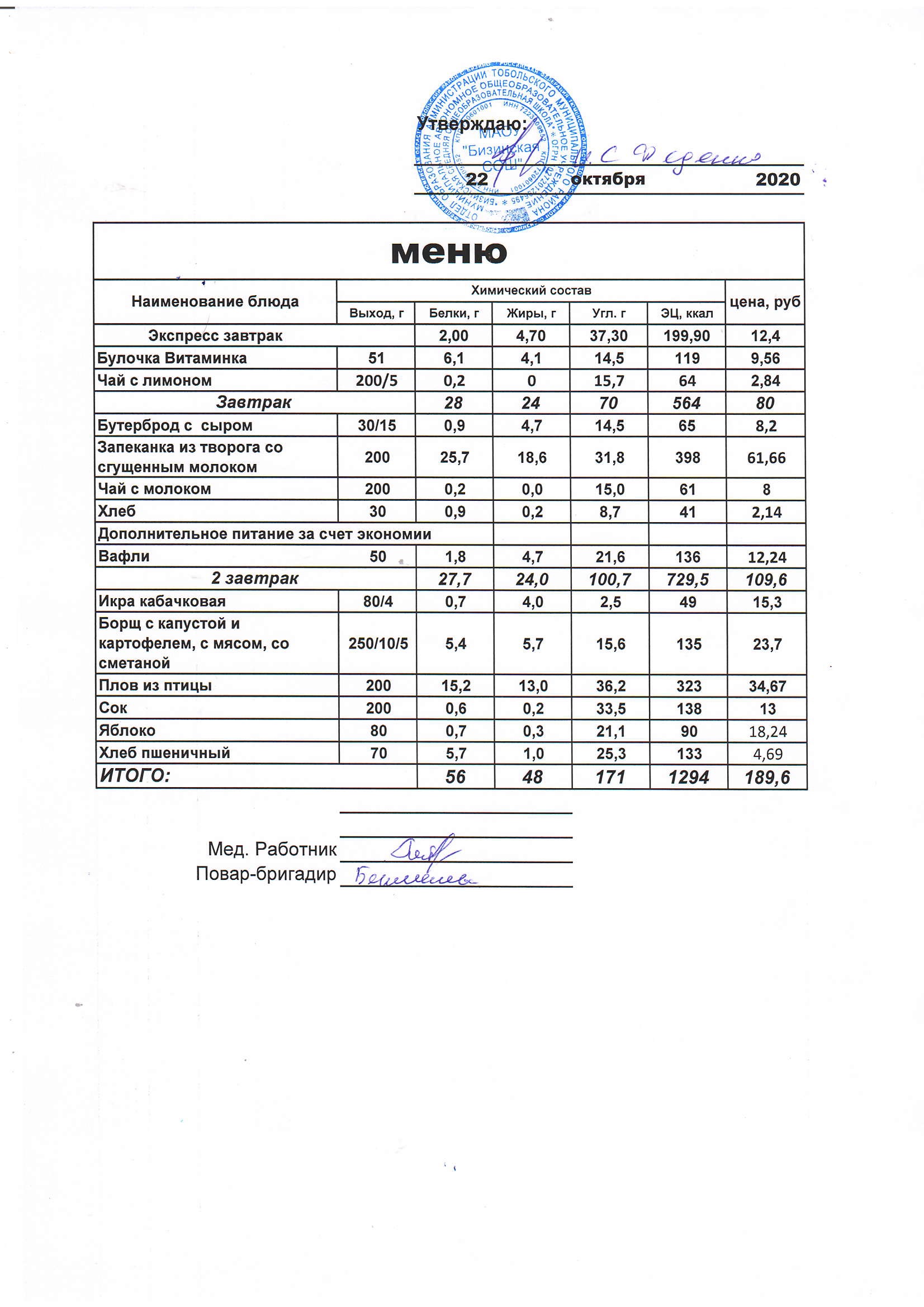 столовая меню на каждый день